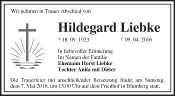 Traueranzeige von Hildegard Liebke von Märkische Oderzeitung