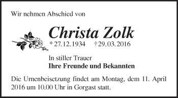 Traueranzeige von Christa Zolk von Märkische Oderzeitung