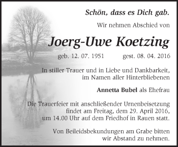 Traueranzeige von Joerg-Uwe Koetzing von Märkische Oderzeitung