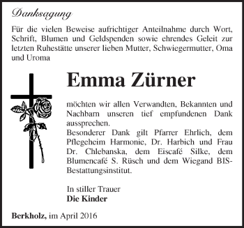 Traueranzeige von Emma Zürner von Märkische Oderzeitung