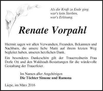 Traueranzeige von Renate Vorpahl von Märkische Oderzeitung