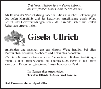 Traueranzeige von Gisela Ullrich von Märkische Oderzeitung