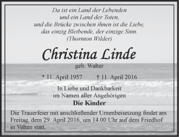 Traueranzeige von Christina Linde von Märkische Oderzeitung