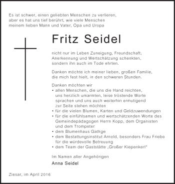 Traueranzeige von Fritz Seidel von Märkische Oderzeitung