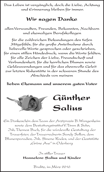 Traueranzeige von Günther Salius von Märkische Oderzeitung