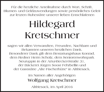 Traueranzeige von Wolfgang Kretschmer von Märkische Oderzeitung