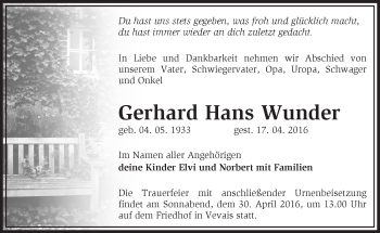 Traueranzeige von Gerhard Hans Wunder von Märkische Oderzeitung