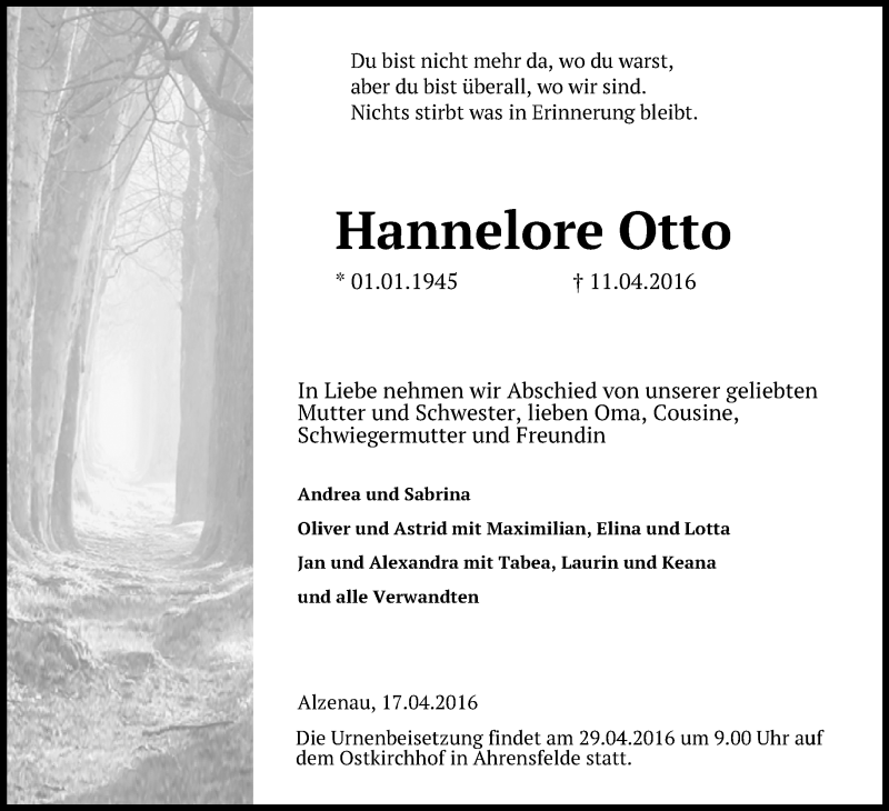  Traueranzeige für Hannelore Otto vom 23.04.2016 aus Märkische Oderzeitung