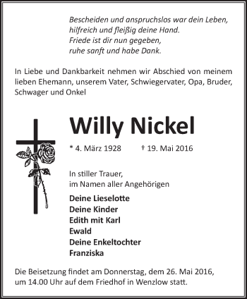 Traueranzeige von Willy Nickel von Märkische Oderzeitung