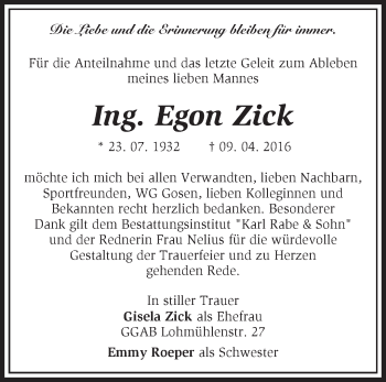 Traueranzeige von Egon Zick von Märkische Oderzeitung