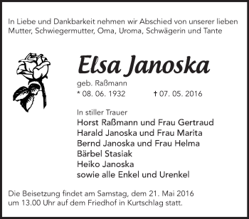 Traueranzeige von Elsa Janoska von Märkische Oderzeitung