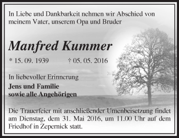 Traueranzeige von Manfred Kummer von Märkische Oderzeitung