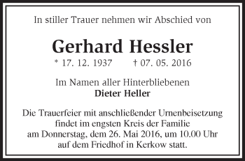 Traueranzeige von Gerhard Hessler von Märkische Oderzeitung