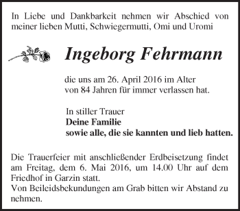 Traueranzeige von Ingeborg Fehrmann von Märkische Oderzeitung