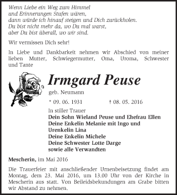 Traueranzeige von Irmgard Peuse von Märkische Oderzeitung