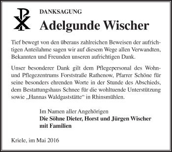 Traueranzeige von Adelgunde Wischer von Märkische Oderzeitung