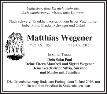 Traueranzeige von Matthias Wegener von Märkische Oderzeitung