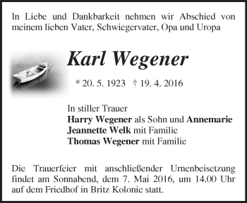 Traueranzeige von Karl Wegener von Märkische Oderzeitung