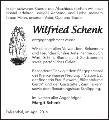 Traueranzeige von Wilfried Schenk von Märkische Oderzeitung