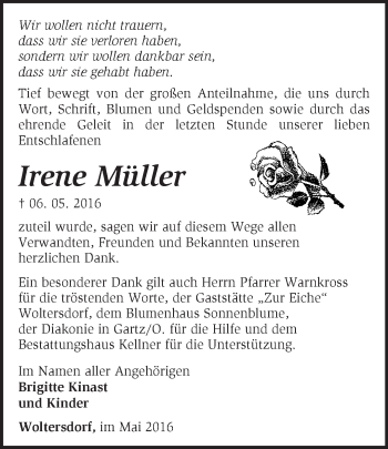 Traueranzeige von Irene Müller von Märkische Oderzeitung