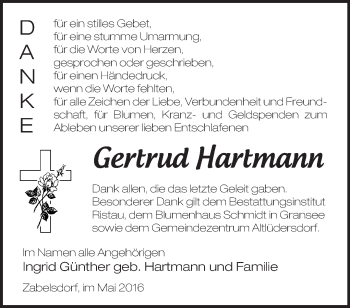 Traueranzeige von Gertrud Hartmann von Märkische Oderzeitung