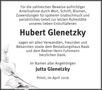 Traueranzeige von Hubert Glenetzky von Märkische Oderzeitung