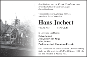 Traueranzeige von Hans Juchert von Märkische Oderzeitung