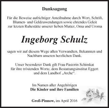 Traueranzeige von Ingeborg Schulz von Märkische Oderzeitung