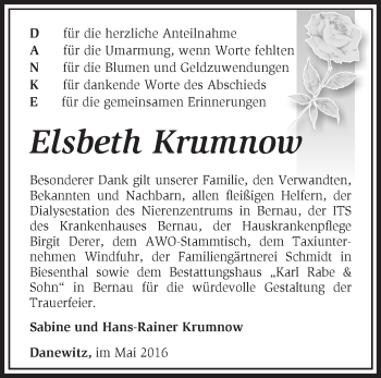 Traueranzeige von Elsbeth Krumnow von Märkische Oderzeitung