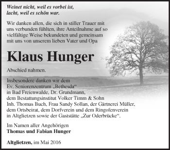 Traueranzeige von Klaus Hunger von Märkische Oderzeitung