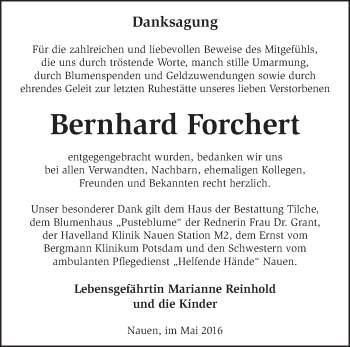 Traueranzeige von Bernhard Forchert von Märkische Oderzeitung