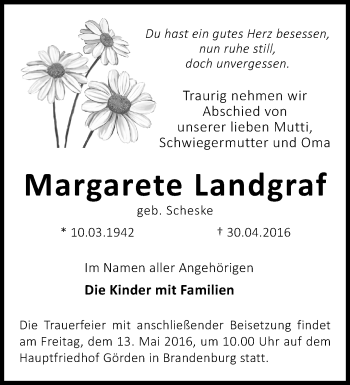 Traueranzeige von Margarete Landgraf von Märkische Oderzeitung