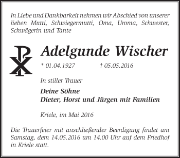 Traueranzeige von Adelgunde Wischer von Märkische Oderzeitung