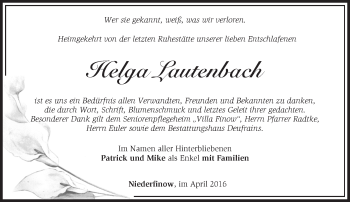 Traueranzeige von Helga Lautenbach von Märkische Oderzeitung