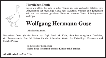 Traueranzeige von Wolfgang Hermann Guse von Märkische Oderzeitung