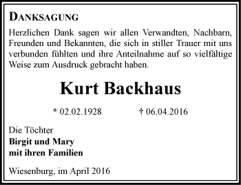 Traueranzeige von Kurt Backhaus von Märkische Oderzeitung