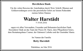 Traueranzeige von Walter Harstädt von Märkische Oderzeitung