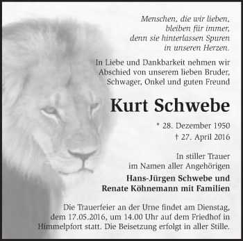 Traueranzeige von Kurt Schwebe von Märkische Oderzeitung