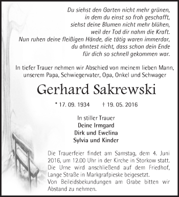 Traueranzeige von Gerhard Sakrewski von Märkische Oderzeitung