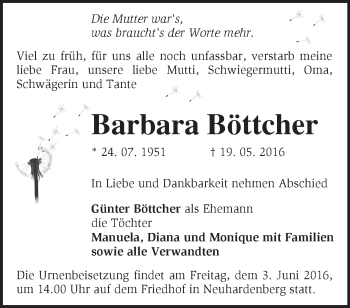 Traueranzeige von Barbara Böttcher von Märkische Oderzeitung