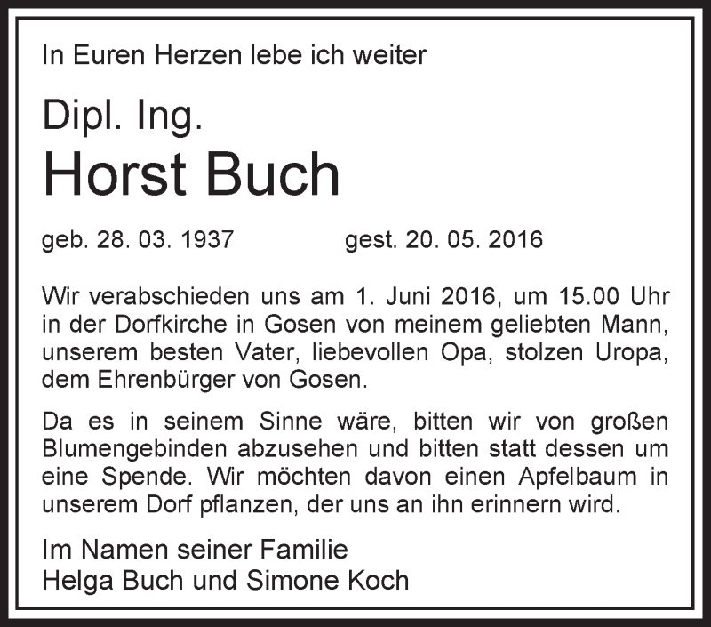  Traueranzeige für Horst Buch vom 28.05.2016 aus Märkische Oderzeitung