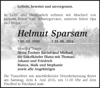 Traueranzeige von Helmut Sparsam von Märkische Oderzeitung