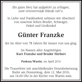 Traueranzeige von Günter Franzke von Märkische Oderzeitung