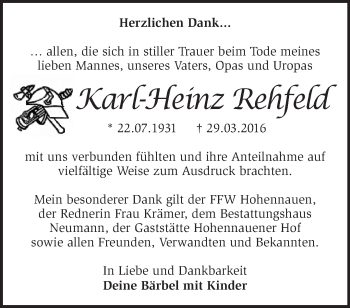 Traueranzeige von Karl-Heinz Rehfeld von Märkische Oderzeitung