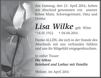 Traueranzeige von Lisa Wilke von Märkische Oderzeitung