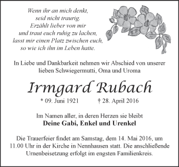 Traueranzeige von Irmgard Rubach von Märkische Oderzeitung