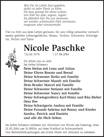 Traueranzeige von Nicole Paschke von Märkische Oderzeitung