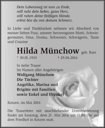 Traueranzeige von Hilda Münchow von Märkische Oderzeitung