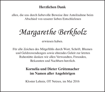 Traueranzeige von Margarethe Berkholz von Märkische Oderzeitung