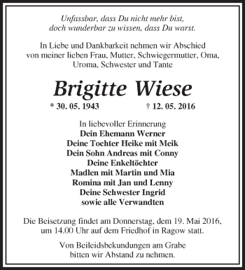 Traueranzeige von Brigitte Wiese von Märkische Oderzeitung